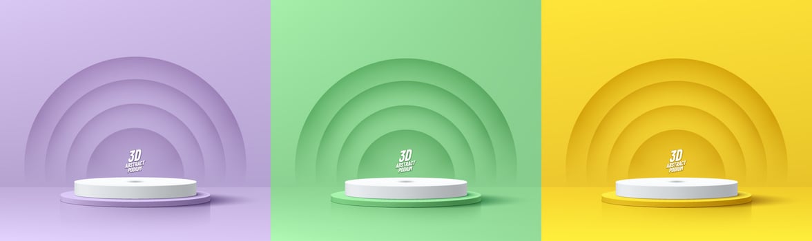 Set of realistic 3d background with white cylinder podium. Yellow, green, purple lavender layers circles scene. Abstract minimal scene mockup products display, Stage showcase. Vector geometric forms.