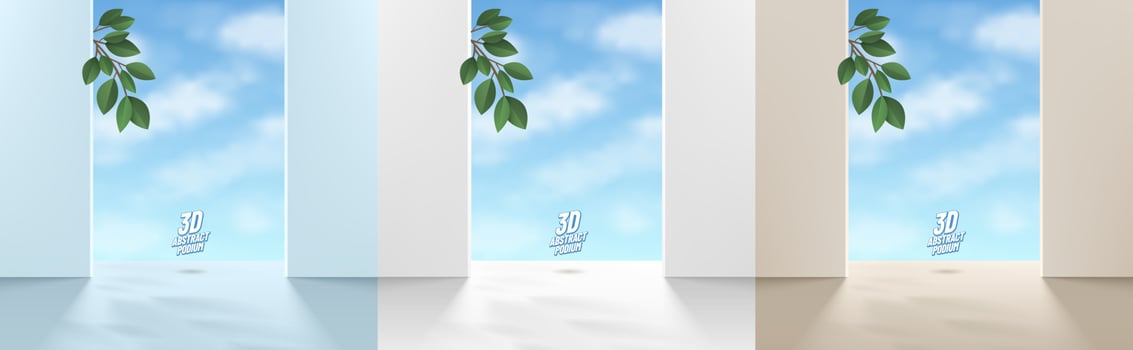 Set of realistic 3d podium background in white, blue, beige scene with green leaf and clouds blue sky. Abstract minimal wall scene for mockup products display, Stage showcase. Vector geometric forms.
