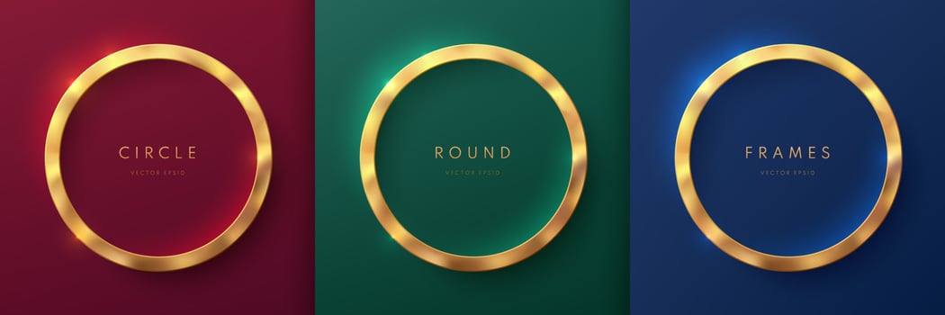Set of golden 3D round frame on dark blue, red, green luxury background. Abstract circle podium for product display or copy space. Collection of geometric background. Top view elegant scene design. vector