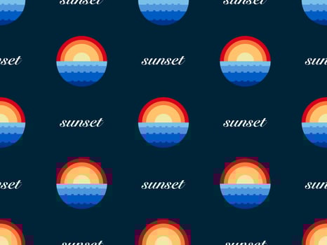 Sunset cartoon character seamless pattern on black background.  Pixel style vector