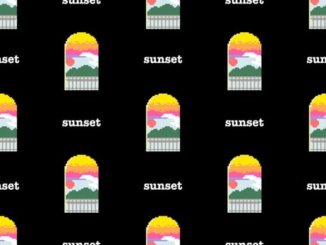 Sunset cartoon character seamless pattern on black background.  Pixel style vector