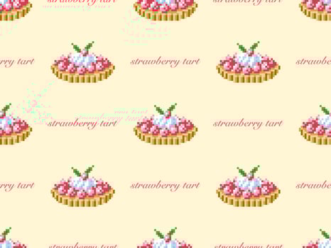 Strawberry tart cartoon character seamless pattern on yellow background. Pixel style vector