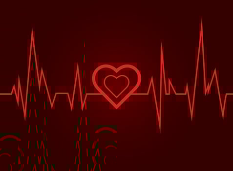 A red ECG line shows up and down with a red heart in the center of the image. placed on a red background vector