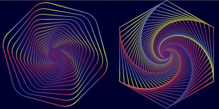 Abstract picture of geometric shapes that spin in a spiral circle from small to large. on a purple background vector