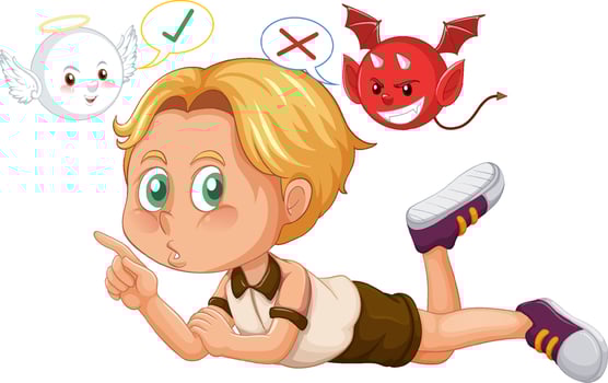 Cartoon character with devil and angel fighting in thought vector