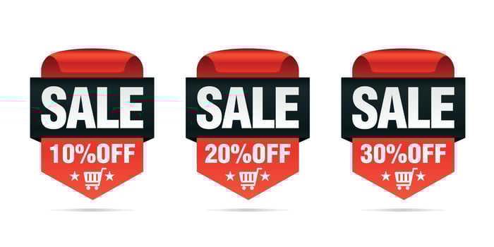Red set of sale badges 10, 20, 30 percent off with shopping cart vector