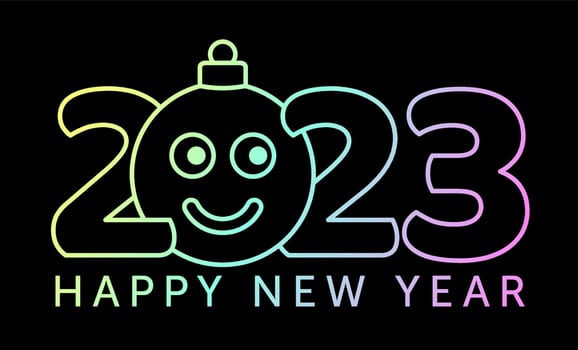 Greeting card for 2023 new year with smiling emoji face that hangs on thread like a christmas toy, ball or bauble. New year emotion concept vector illustration