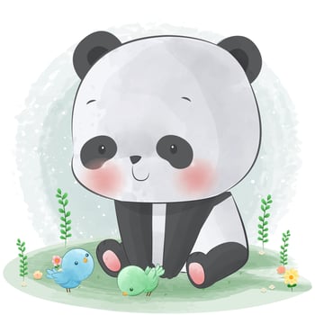 Cute panda watercolor with bird can be used for greeting cards, party invitations and baby shower vector