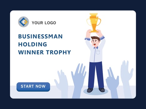 businessman holding winner trophy, winner cup and celebrating achievement, cartoon character vector illustration.