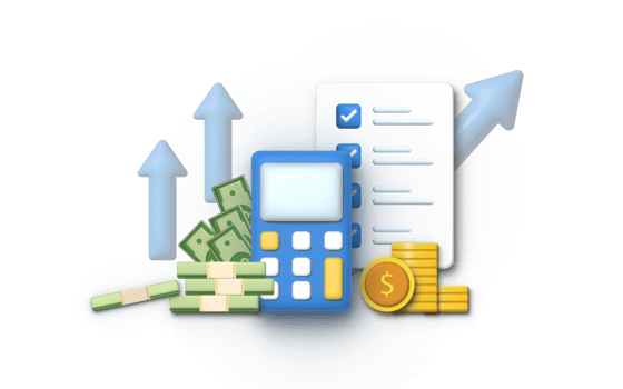 3D Illustration of financial and payment concept with calculator, money, coin and credit card. png