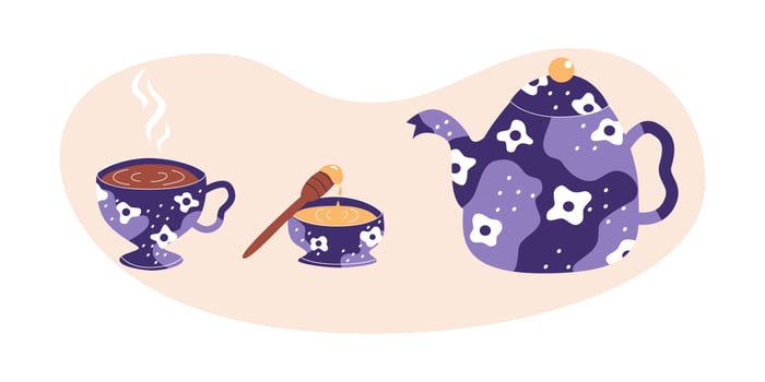 Tea set with ceremony elements. honey, pot and mug. Retro floral ceramic. Flat vector illustration in trendy colors.