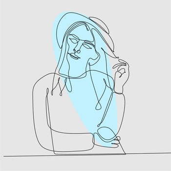 One continuous line drawing portrait of a young woman in a hat, cap, baseball cap. Single hand drawn line art doodle line isolated minimal illustration flat cartoon character vector
