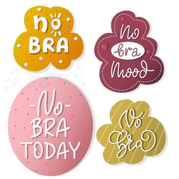 Set of four handwritten lettering stickers with No bra phrases. Feminism, breast cancer survivor vector concept.