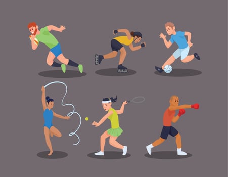 six athletes practicing sports vector