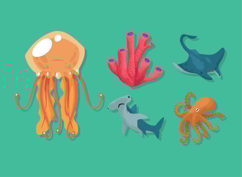 sealife wild five animals vector