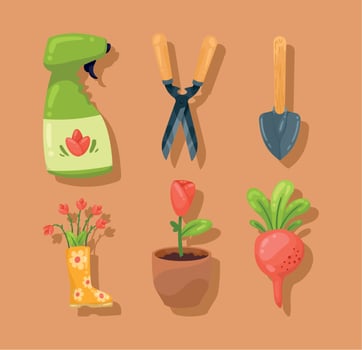 six gardening accessories icons vector