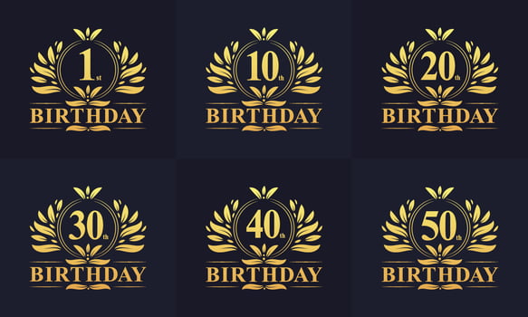 Vintage Retro Birthday logo set. Luxurious golden birthday logo bundle. 1st, 10th, 20th, 30th, 40th, 50th birthday logo bundle. vector