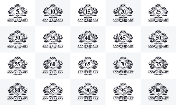Happy anniversary logo bundle. Retro vintage anniversary logo set. 5th, 10th, 15th, 20th, 25th, 30th, 35th, 40th, 45th, 50th, 55th, 60th, 90th, 95th, 100th anniversary celebration logo bundle. vector