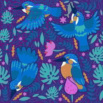 Seamless pattern with kingfishers on a purple background. Vector graphics.