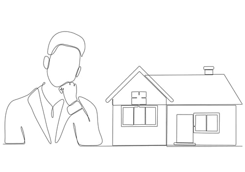continuous line of men thinking about buying a house vector illustration