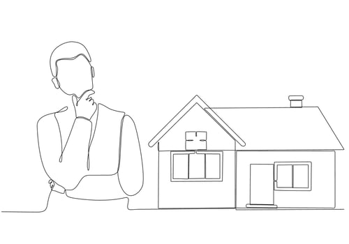 continuous line of men thinking about buying a house vector illustration