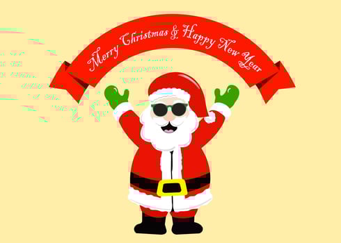 Santa claus wearing sunglasses standing smiling cute with christmas greeting card banner red ribbon with message merry christmas and happy new year. Holiday greeting card. vector