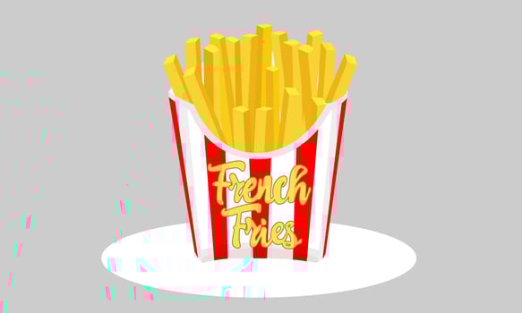 Large french fries fast food. Potato chips in red and white striped paper box. French fries packaging box flat design. vector