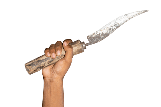Dirty knife in hand isolated on a PNG background