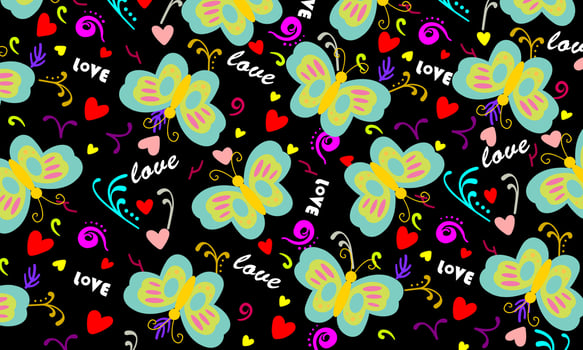 Red yellow heart colorful butterfly and love seamless pattern. Cute cartoon insects isolated on black background. Vector wallpaper illustration.