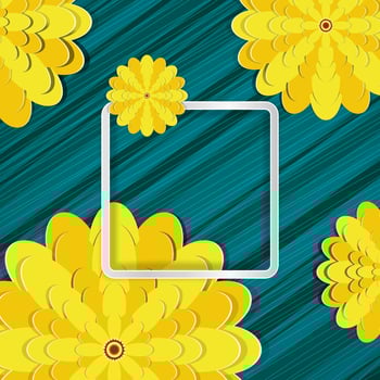 Spring congratulatory floral background. Festive paper flowers on a square light frame. Shaded noble turquoise background. Vector greeting card with a holiday on March 8, Mother's Day, birthday.