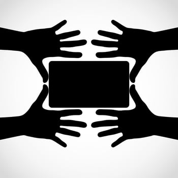 Hands with fingers spread out and card. Vector silhouettes. Element for your design.