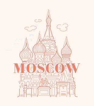 Basil's Cathedral in Moscow on Red Square. Landmark of Russia. Vector linear illustration on a beige background with an inscription.