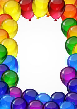 Colorful festive vector balloons on a white background for celebration, holiday, birthday party card with space for you text. A4 layout.