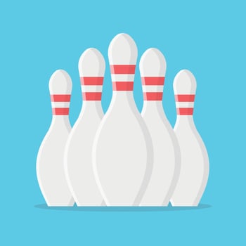 Bowling pin in flat style. Bowling pin group. Skittles with red stripes. vector