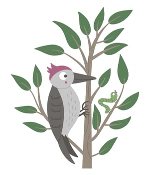 Vector hand drawn flat woodpecker sitting on the tree and pecking it. Funny scene with woodland bird. Cute forest ornithological illustration for print, stationery