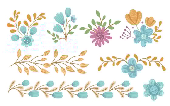 Vector floral clip art set. Handdrawn flat trendy illustration with flowers, leaves, branches. Meadow, woodland, forest elements isolated on white background.