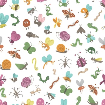 Vector seamless pattern with hand drawn flat funny insects. Cute repeat background with bugs. Sweet creepy-crawly ornament for children design, print.