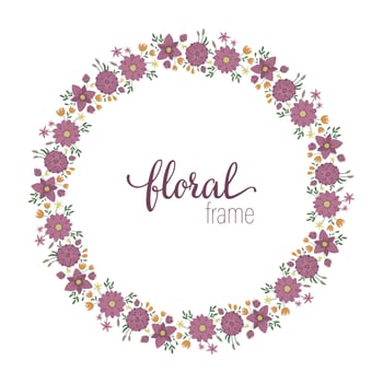 Vector frame template with flat trendy wild flowers with reeds on white background. Square layout card with place for text. Floral design for invitation, wedding, party, promo events.
