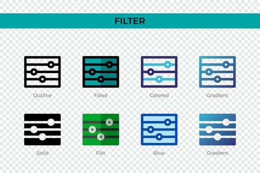 Filter icon in different style. Filter vector icons designed in outline, solid, colored, filled, gradient, and flat style. Symbol, logo illustration. Vector illustration