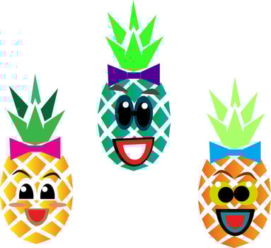 Pineapple fruit is funny and cute.For tickling the other, cartoon vector illustration isolated on white background. Couple of funny pineapple characters, mascots having fun together