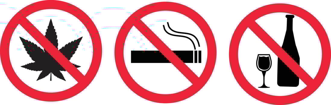 Set of prohibiting signs on white background. do not smoke, no alcohol, no drugs symbol. prohibition of alcoholic beverages sign. No Hemp logo. flat style. vector