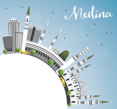 Medina Skyline with Gray Buildings, Blue Sky and Copy Space. vector