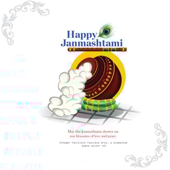 Beautiful Illustration of Dahi Handi, Traditional Poster Design for Hindu Festival festival background of India with text in Hindi meaning Shri Krishan Janmashtami vector