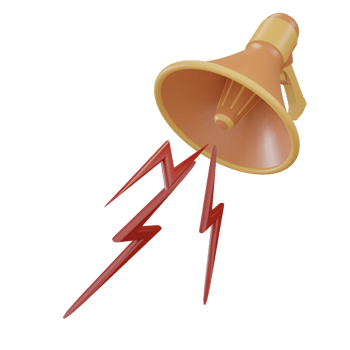set of 3d render megaphone loudspeaker icon for sound message, orange color with red lightning png