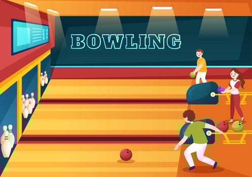 People Play Bowling Game Hand Drawn Cartoon Flat Design Illustration with Pins, Balls and Scoreboards in a Sport Club or Activity Competition vector