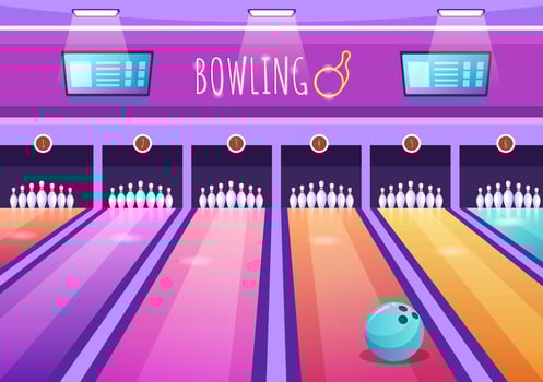 Bowling Game Hand Drawn Cartoon Flat Background Design Illustration with Pins, Balls and Scoreboards in a Sport Club or Activity Competition vector