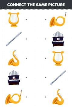 Education game for children connect the same picture of cartoon music instrument lyre flute saxophone organ horn printable worksheet vector