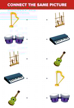 Education game for children connect the same picture of cartoon music instrument harp bongo keyboard ukulele printable worksheet vector