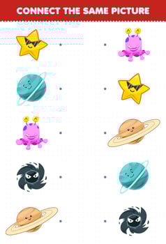 Education game for children connect the same picture of cute cartoon solar system star alien black hole saturn uranus planet printable worksheet vector