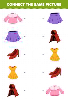 Education game for children connect the same picture of cartoon wearable clothes blouse skirt heel dress cloak printable worksheet vector